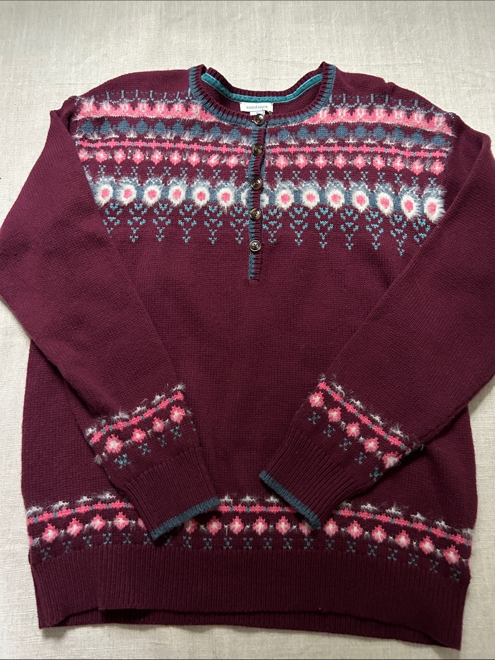Sundance Fair Isle Sweater Burgundy Women's M Half Button Cotton Snowflake - Picture 13 of 13